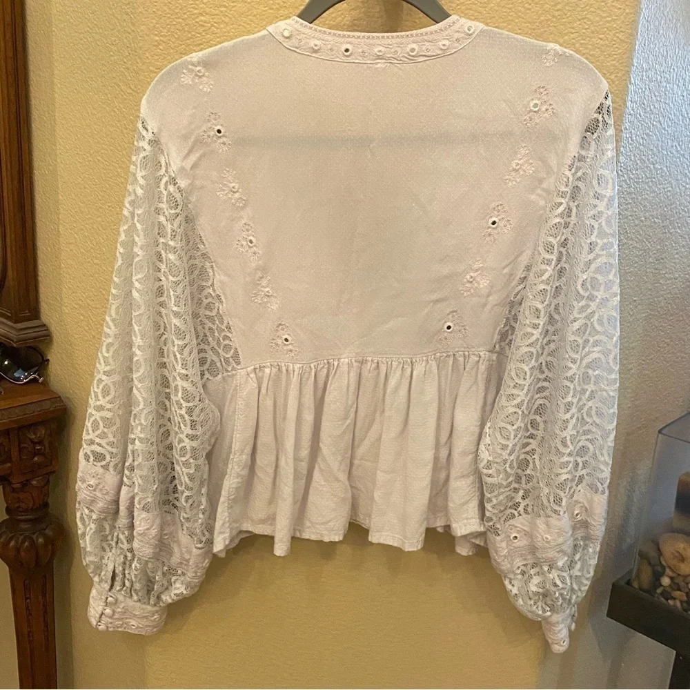 FREE PEOPLE Women Light Blue Boogie All Night Lace Balloon Sleeves Boho Top-S